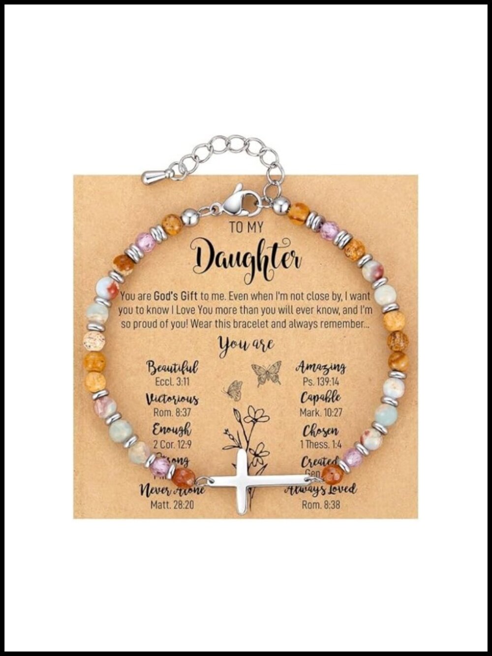Christian Cross Charm Bracelet Natural Stone 316L Stainless Steel Adjustable